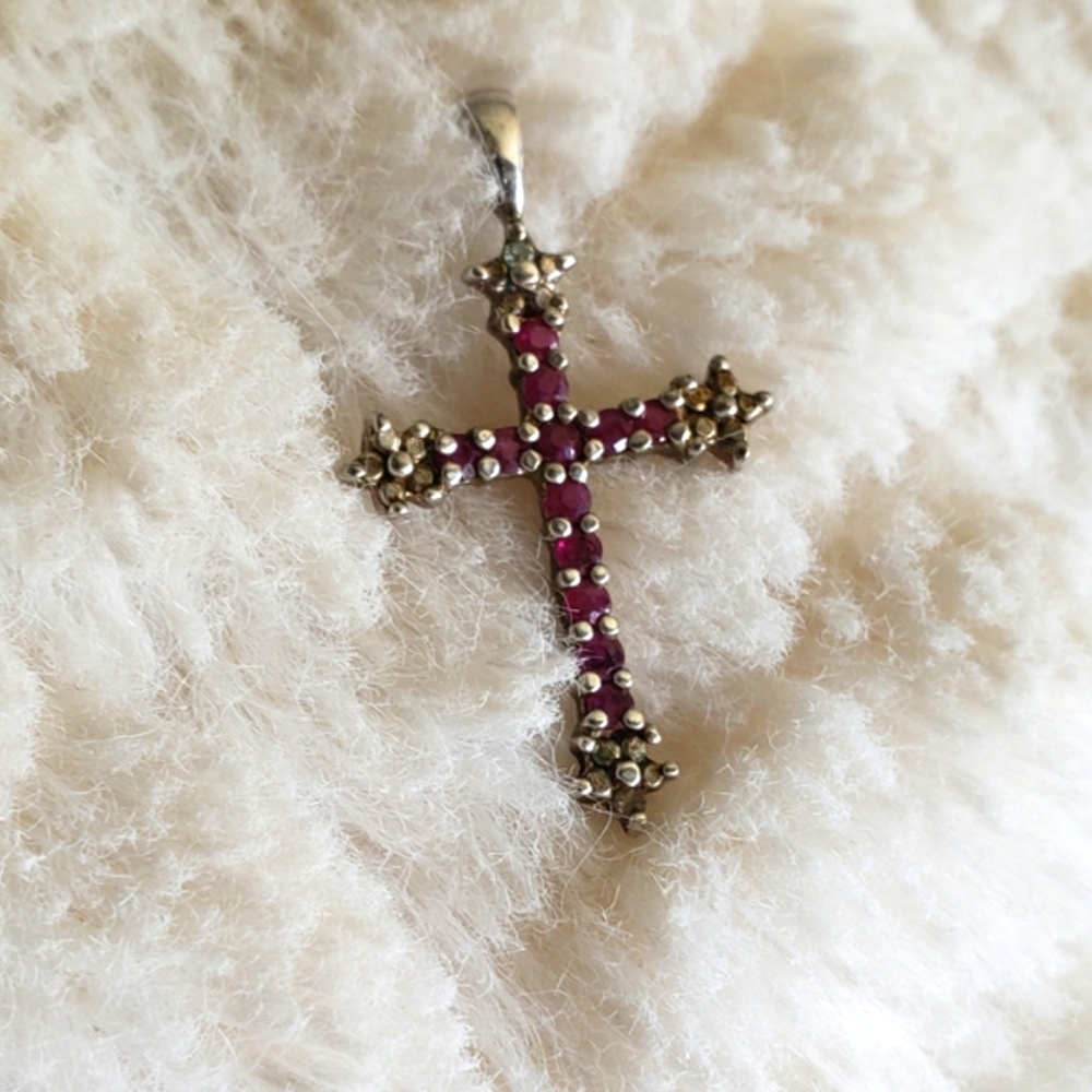 Ruby Cross Sterling Silver Stamped 925 Pendant - image 8